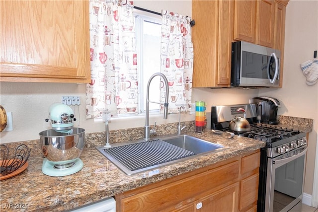 kitchen featuring stainless steel appliances, a sink, and light stone countertops