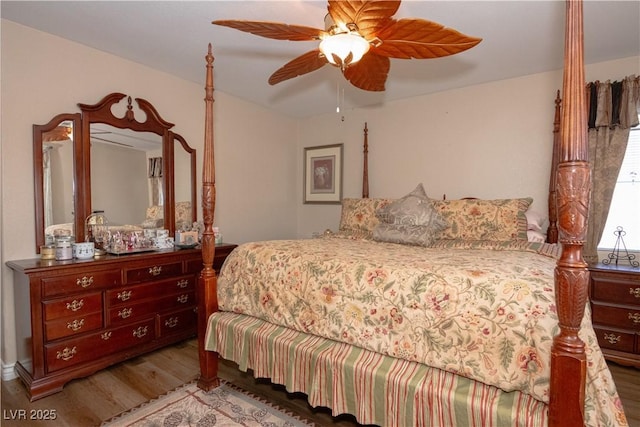 bedroom with ceiling fan and light wood-style floors