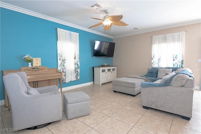 living area with ceiling fan, ornamental molding, visible vents, and tile patterned floors