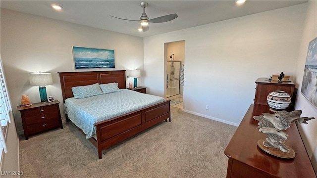 bedroom featuring light carpet, baseboards, ensuite bath, ceiling fan, and recessed lighting