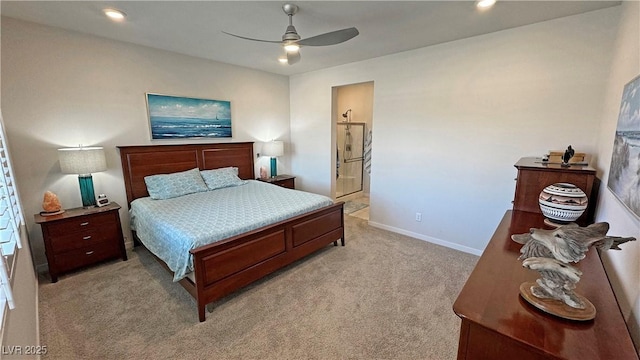 bedroom featuring ensuite bathroom, baseboards, recessed lighting, a ceiling fan, and light colored carpet