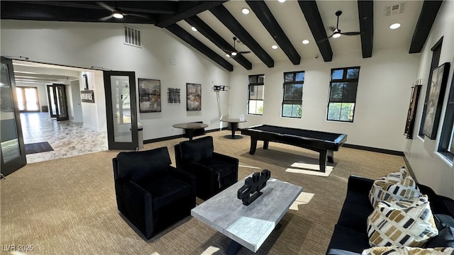 game room with ceiling fan, high vaulted ceiling, beam ceiling, and visible vents