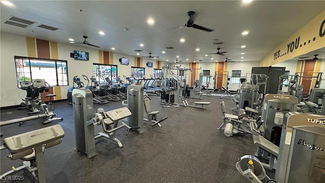 exercise room featuring visible vents, ceiling fan, and recessed lighting