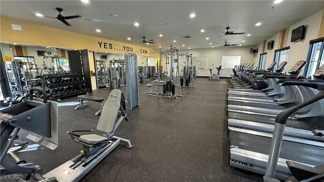 gym featuring ceiling fan and recessed lighting