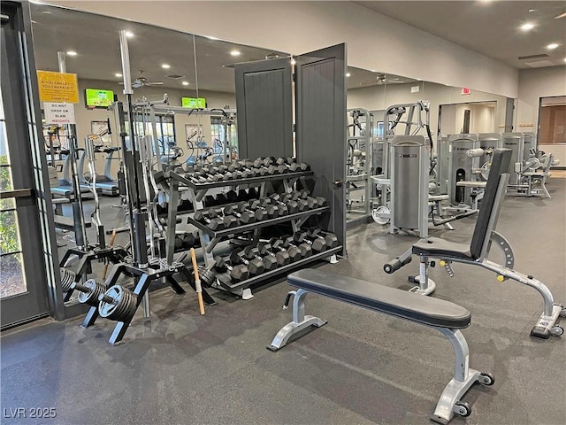 workout area with recessed lighting and ceiling fan