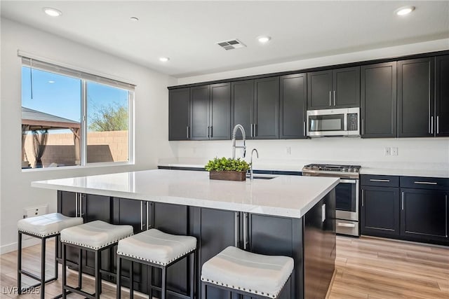 kitchen featuring a center island with sink, visible vents, light wood-style flooring, appliances with stainless steel finishes, and a kitchen breakfast bar