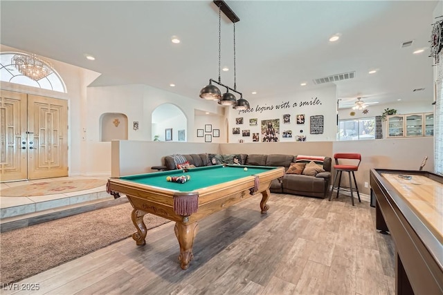 game room featuring light wood-type flooring, pool table, visible vents, and recessed lighting