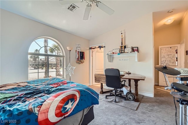 bedroom featuring carpet floors, visible vents, vaulted ceiling, ceiling fan, and baseboards