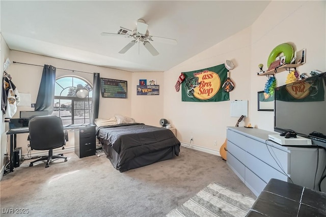 bedroom featuring baseboards, visible vents, ceiling fan, vaulted ceiling, and carpet flooring