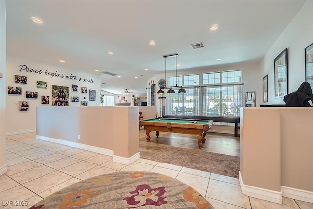 rec room featuring recessed lighting, billiards, visible vents, and tile patterned floors