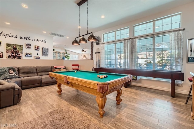 playroom with recessed lighting, pool table, visible vents, wood finished floors, and baseboards