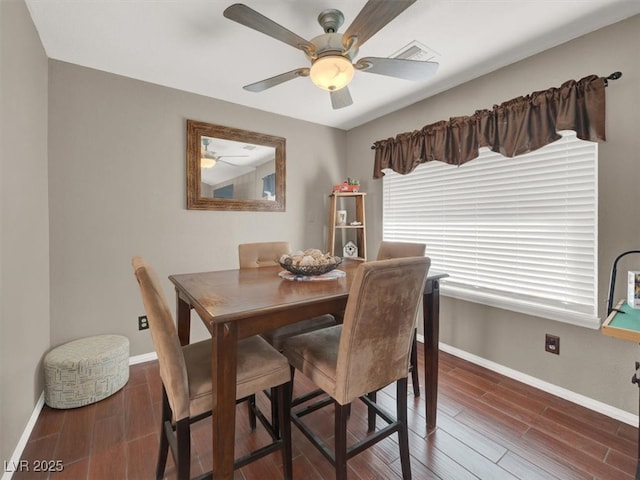 dining room featuring visible vents, baseboards, a ceiling fan, and wood finish floors