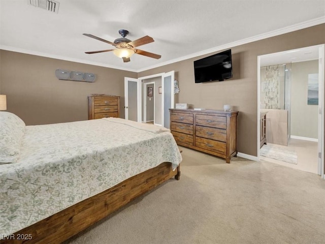 carpeted bedroom featuring baseboards, visible vents, ceiling fan, and ornamental molding