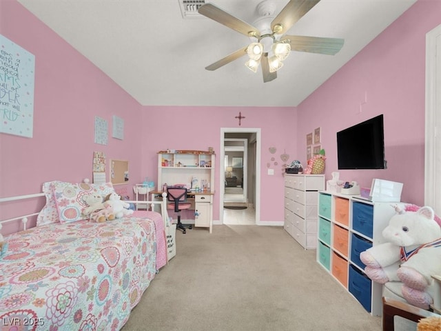 bedroom featuring carpet floors, visible vents, baseboards, and a ceiling fan