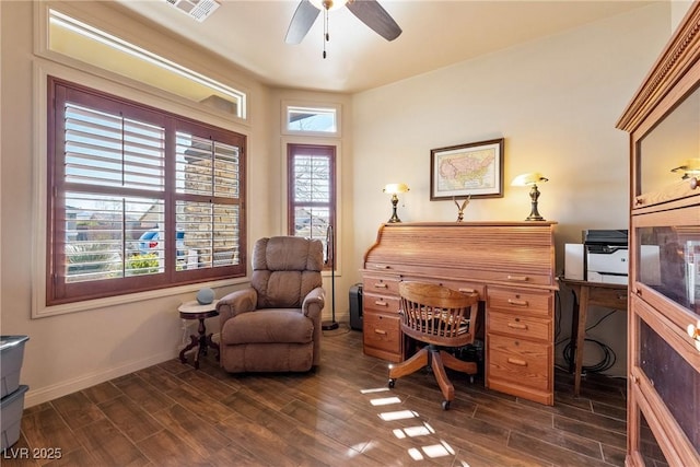 office featuring baseboards, visible vents, ceiling fan, and dark wood-type flooring