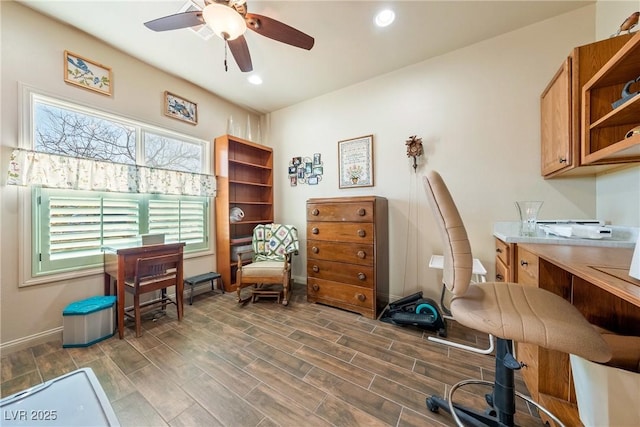 office with wood tiled floor, baseboards, a ceiling fan, and recessed lighting