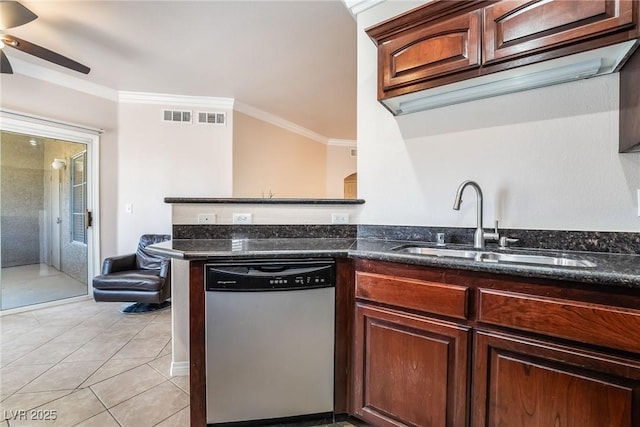 kitchen featuring a sink, visible vents, dishwasher, and ornamental molding