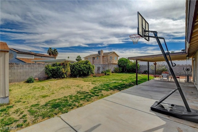 view of yard with a fenced backyard and a patio