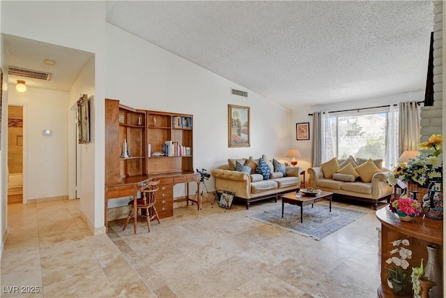 living room featuring vaulted ceiling, a textured ceiling, visible vents, and baseboards