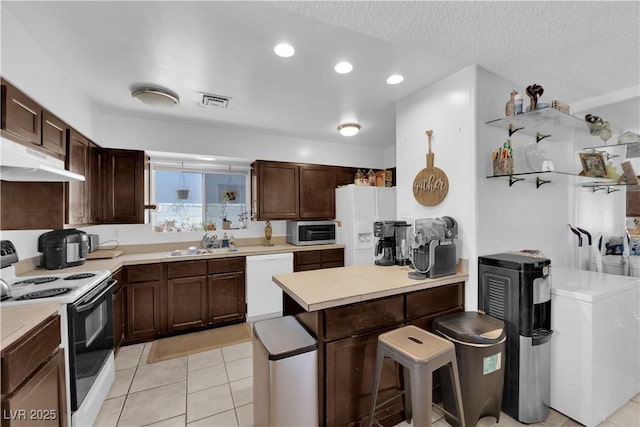 kitchen with white dishwasher, under cabinet range hood, electric stove, light countertops, and stainless steel microwave