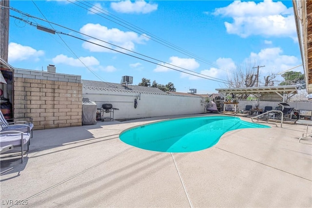 view of swimming pool with a fenced backyard, cooling unit, a fenced in pool, a pergola, and a patio area