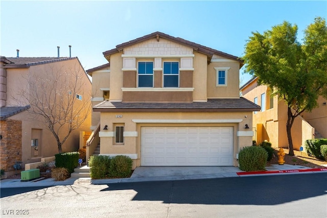 view of front facade with central AC, driveway, an attached garage, and stucco siding