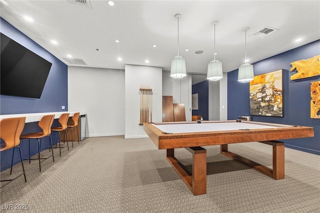 game room featuring billiards, baseboards, visible vents, carpet floors, and recessed lighting