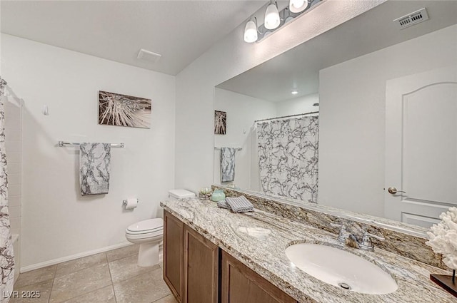 bathroom with visible vents, a shower with shower curtain, toilet, vanity, and tile patterned floors