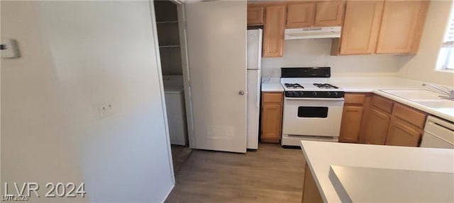 kitchen featuring white appliances, light wood-style flooring, light countertops, under cabinet range hood, and a sink