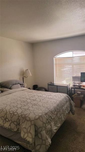 carpeted bedroom with a textured ceiling