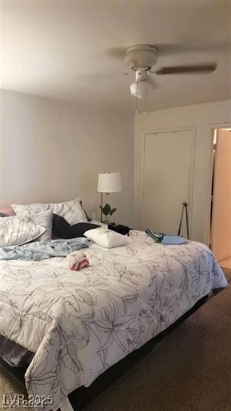 bedroom featuring ceiling fan and carpet flooring