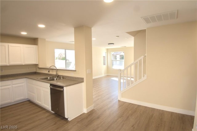 kitchen featuring visible vents, stainless steel dishwasher, white cabinets, a sink, and wood finished floors