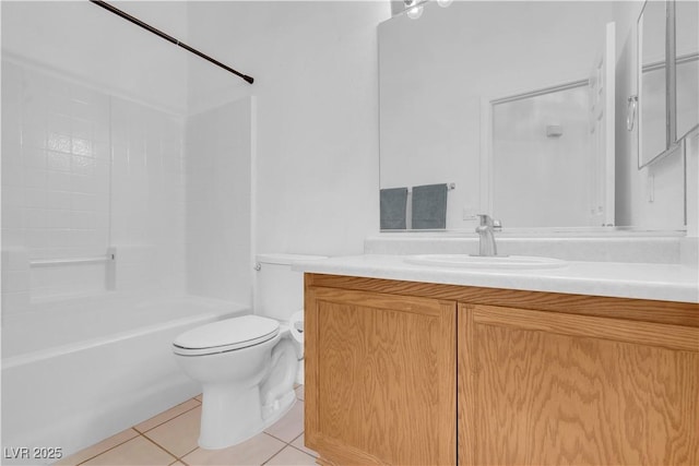 full bath with washtub / shower combination, tile patterned flooring, vanity, and toilet