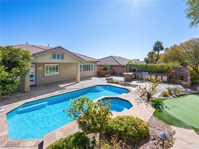 view of swimming pool featuring a patio, fence, a fenced in pool, and an in ground hot tub