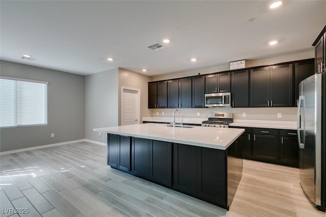 kitchen with light countertops, a kitchen island with sink, visible vents, stainless steel appliances, and a sink