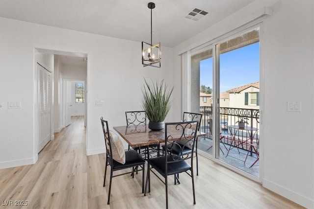 dining room featuring light wood finished floors, baseboards, and visible vents