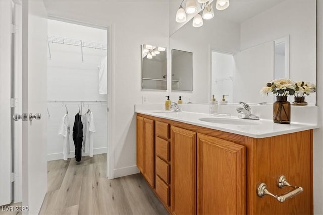 bathroom featuring double vanity, a spacious closet, a sink, and wood finished floors