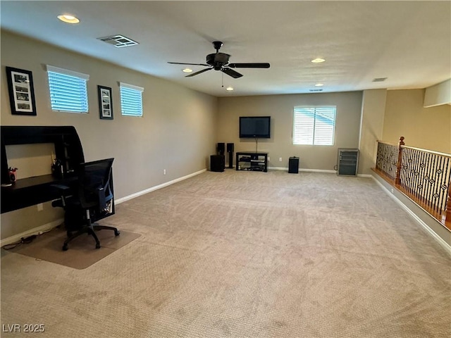 office space with carpet, baseboards, visible vents, and recessed lighting