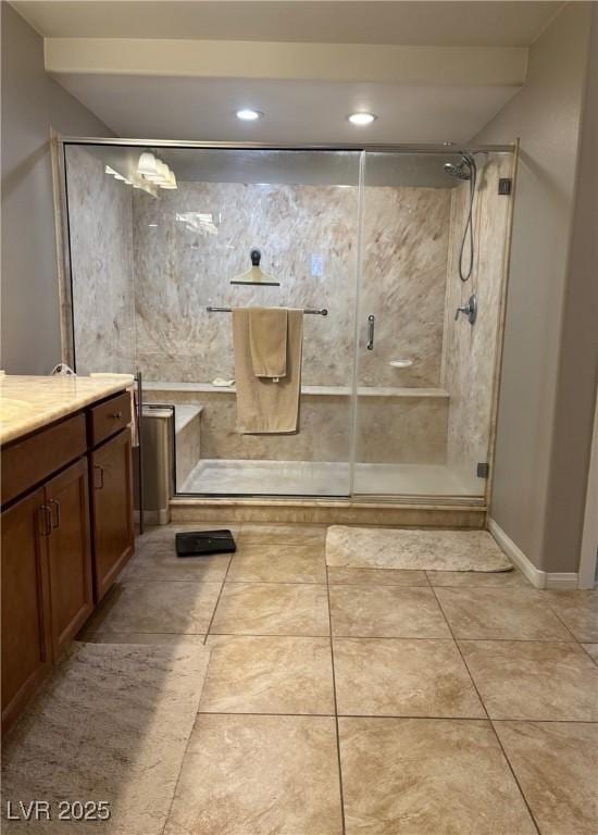 8494 Langhorne Creek St, Las Vegas, NV 89139 - full bathroom with a stall shower, recessed lighting, vanity, tile patterned flooring, and baseboards