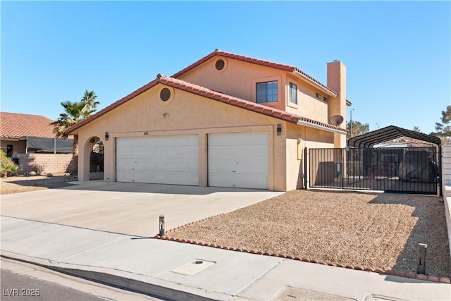 mediterranean / spanish home featuring driveway, a garage, a tiled roof, fence, and stucco siding