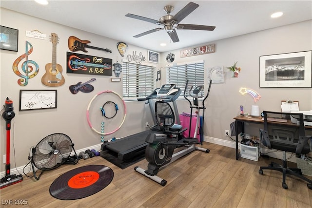 workout room featuring wood-type flooring, baseboards, ceiling fan, and recessed lighting