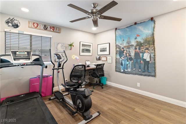 workout room featuring recessed lighting, ceiling fan, baseboards, and wood finished floors