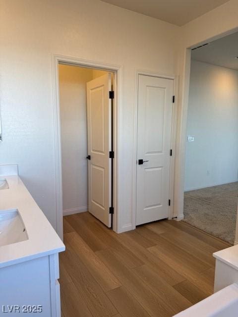 bathroom featuring double vanity, a sink, and wood finished floors