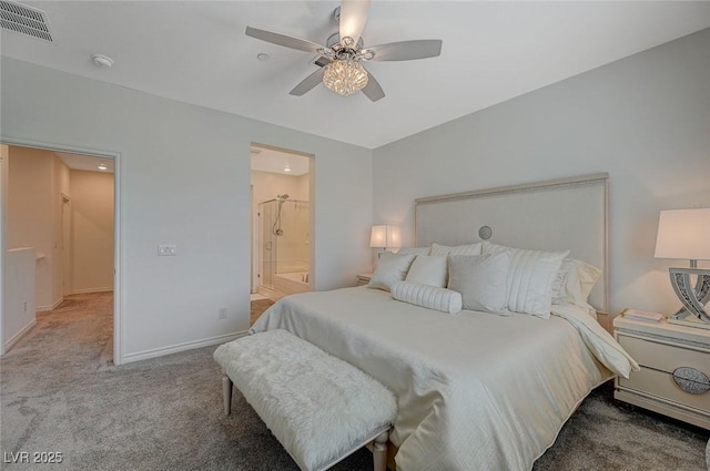 bedroom featuring visible vents, baseboards, a ceiling fan, connected bathroom, and carpet