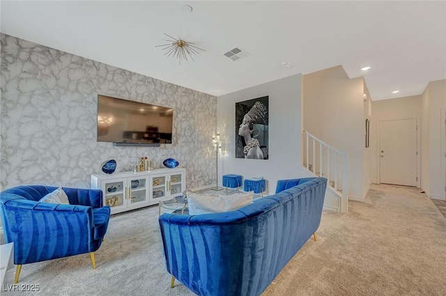 carpeted living room with stairway, recessed lighting, visible vents, and baseboards