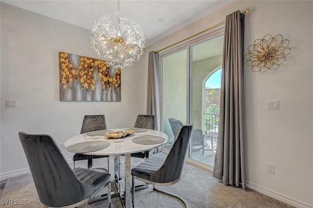 dining space with baseboards, carpet flooring, and an inviting chandelier