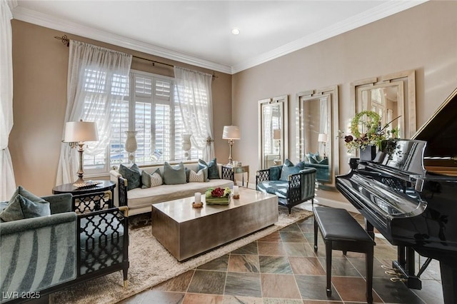 living room featuring ornamental molding