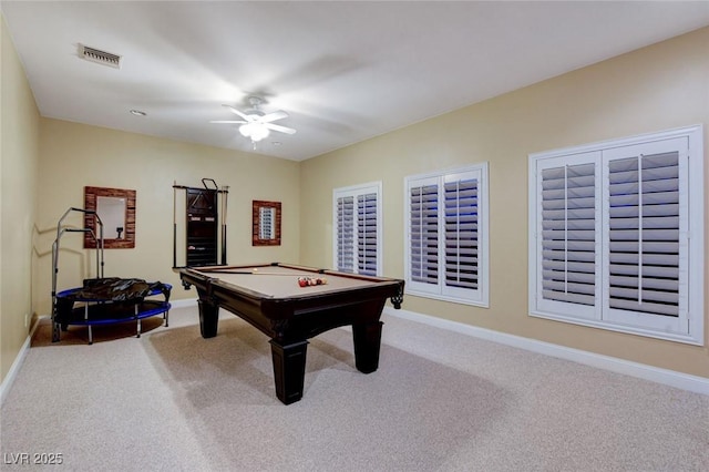 game room featuring pool table, carpet, visible vents, and baseboards