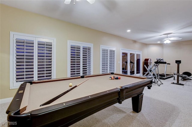 rec room with ceiling fan, recessed lighting, billiards, carpet flooring, and baseboards