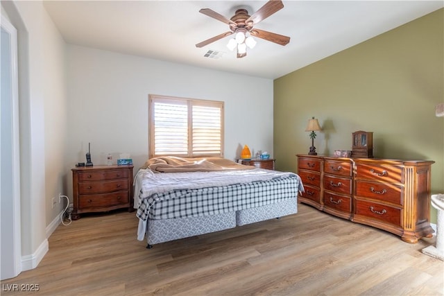 bedroom with light wood-style flooring, visible vents, ceiling fan, and baseboards